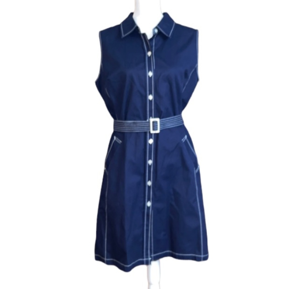 EUC Isaac Mizrahi Dress navy white stitching Front button down belted pockets XL